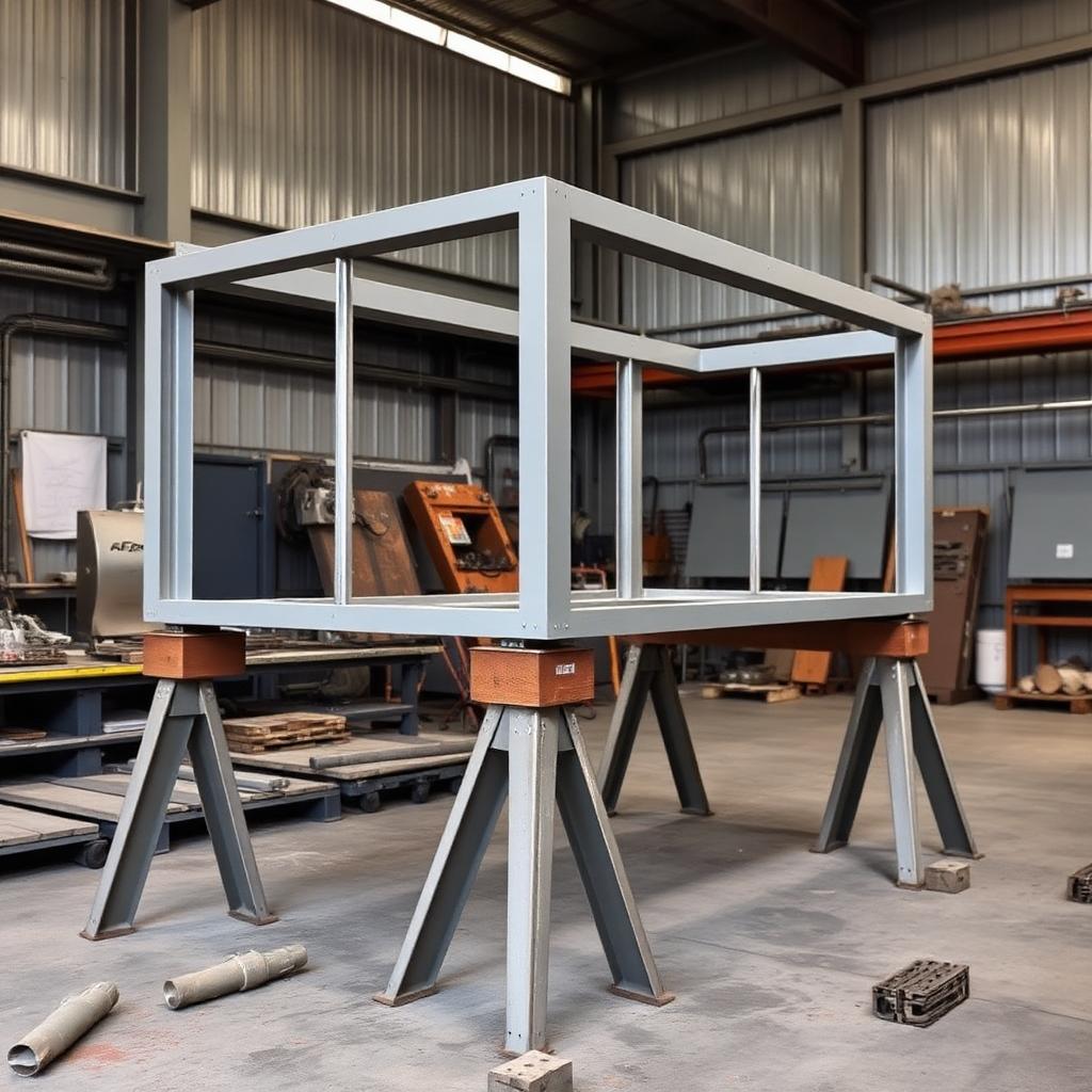 Steel fabrication work in progress in an industrial workshop