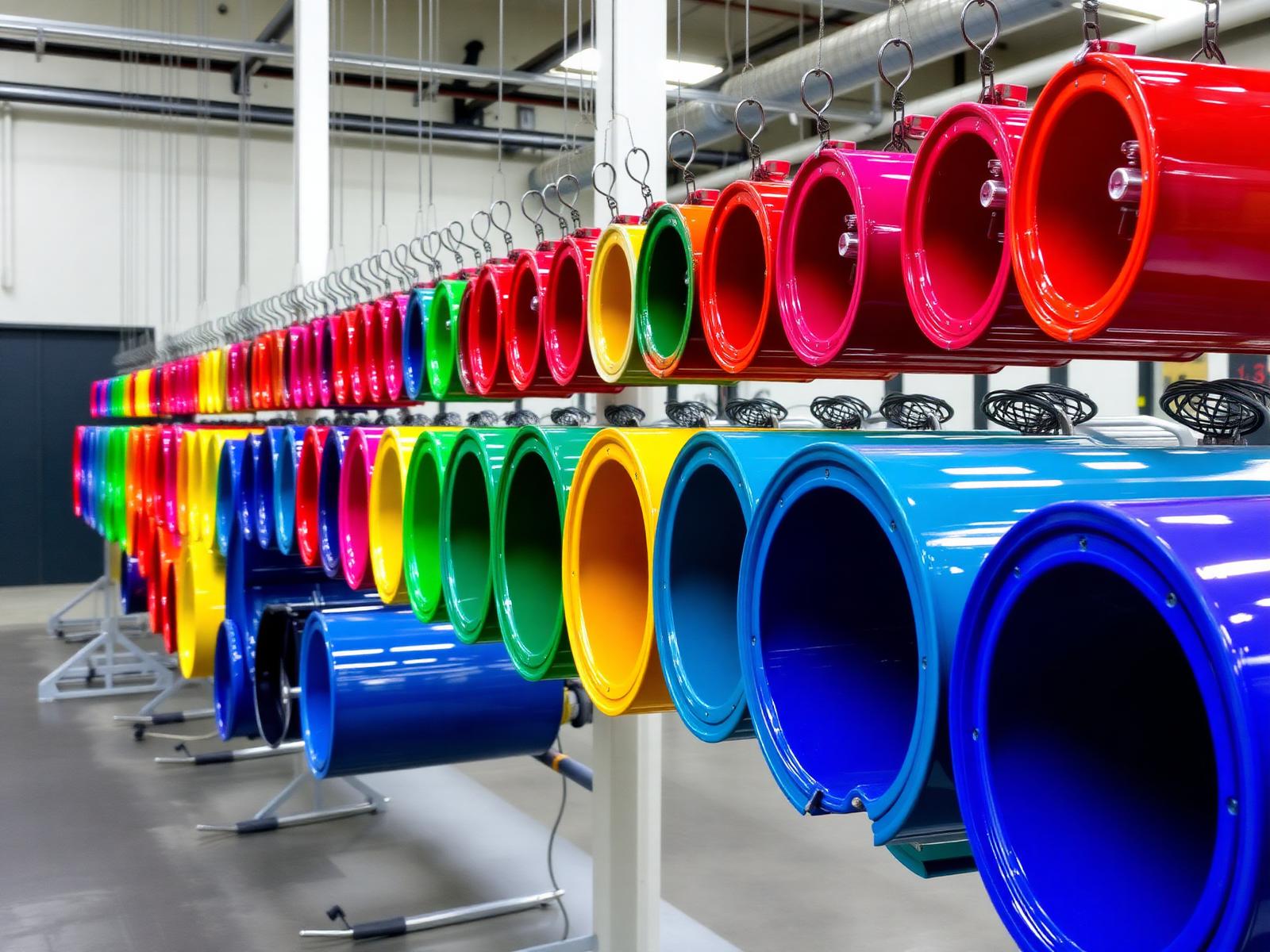 Powder coating being applied to prepared metal components in a coating booth